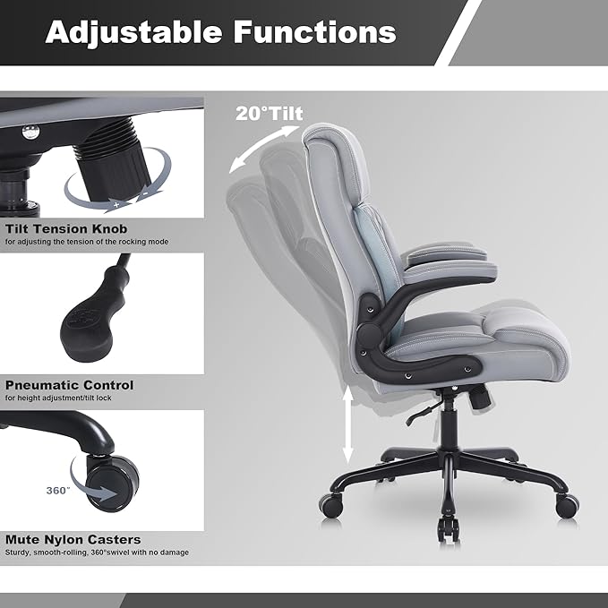 Youhauchair Executive Office Chair, Ergonomic PU Leather Computer Desk Chair with Lumbar Support, Flip-up Armrests and Adjustable Height, for Home Office, Grey