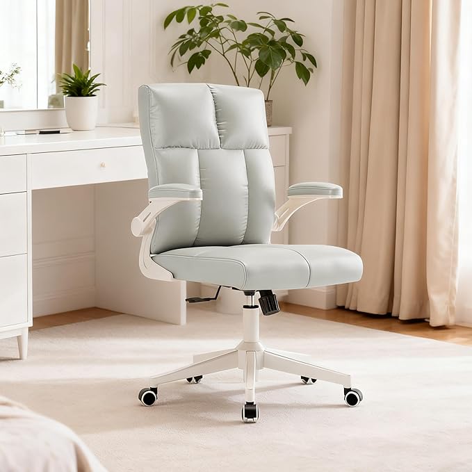 Ergonomic Home Office Desk Chair with Space Saving Flip-Up Arms, 360° Swivel & Reclining Back, Executive Chair in Soft Faux Leather Chair Multi-Angle from 90° to 135° with 450LBS Capacity（Gray）