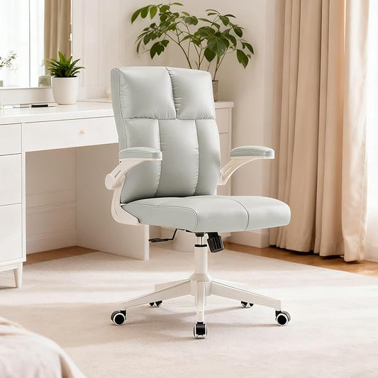 Ergonomic Home Office Desk Chair with Space Saving Flip-Up Arms, 360° Swivel & Reclining Back, Executive Chair in Soft Faux Leather Chair Multi-Angle from 90° to 135° with 450LBS Capacity（Gray）