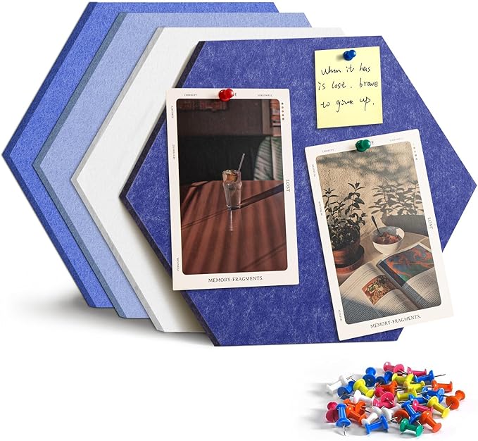 12" Large Bulletin Board with 15 Push Pins, Pack of 4 Hexagon Felt Pin Board Notice Boards for Home Office, Felt Wall Tiles for Photos Memos (Blue)