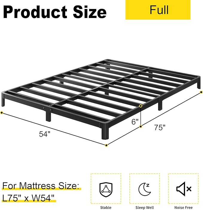6 Inch Full Bed Frame Low Profile No Box Spring Needed, Heavy Duty Full Size Metal Platform Bed Frame with Rounded Corner Legs, Easy Assembly, Noise Free, Black