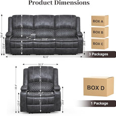 3 Seater Recliner Sofa Set with 2-Tier Cushion, 3+1 Pieces in Living Room, 3 Seater Reclining Couch Velvet Fabric with Removable Console, 1 Oversize Recliner Chair Sofa Seat - Grey