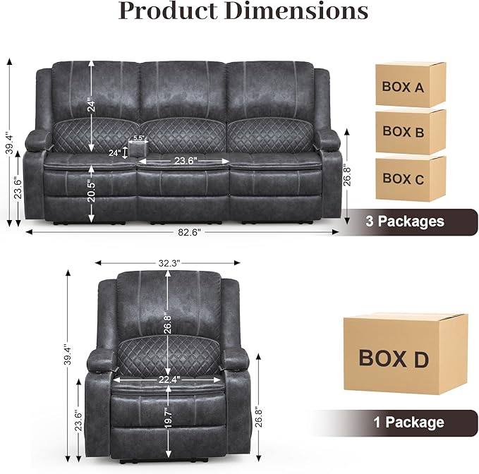 3 Seater Recliner Sofa Set with 2-Tier Cushion, 3+1 Pieces in Living Room, 3 Seater Reclining Couch Velvet Fabric with Removable Console, 1 Oversize Recliner Chair Sofa Seat - Grey