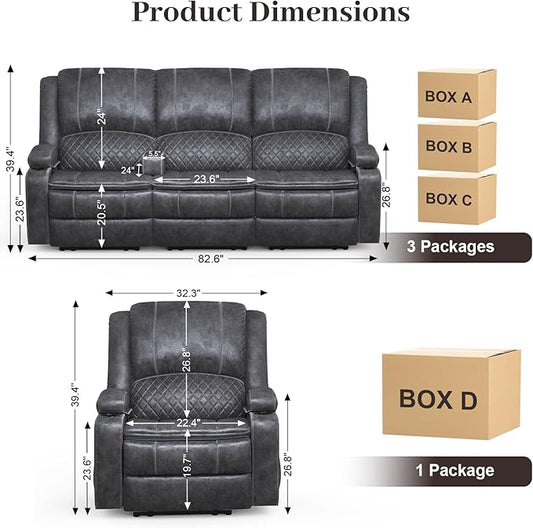 3 Seater Recliner Sofa Set with 2-Tier Cushion, 3+1 Pieces in Living Room, 3 Seater Reclining Couch Velvet Fabric with Removable Console, 1 Oversize Recliner Chair Sofa Seat - Grey