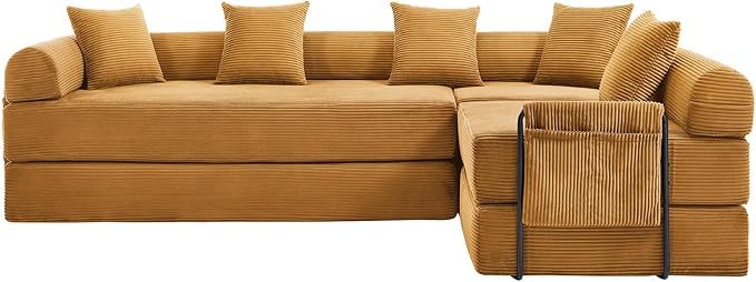 106" Oversized Convertible Sleeper Sofa Bed, Corduroy L Shape Sectional Couch, Folding Sofa Bed with Side Pocket, Modern Cloud Floor Mattress Couch, Modular Sofa for Living Room, Mustard Yellow