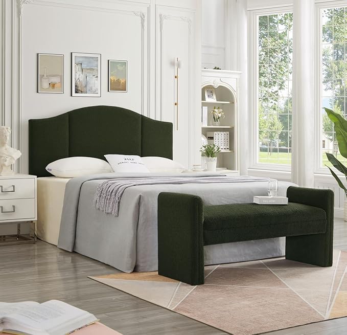 24KF Modern Upholstered Bed Bench Covered with Soft Boucle Teddy Fabric, Lovely Entryway Bench Ottoman with Armrest,5062-Dark Green