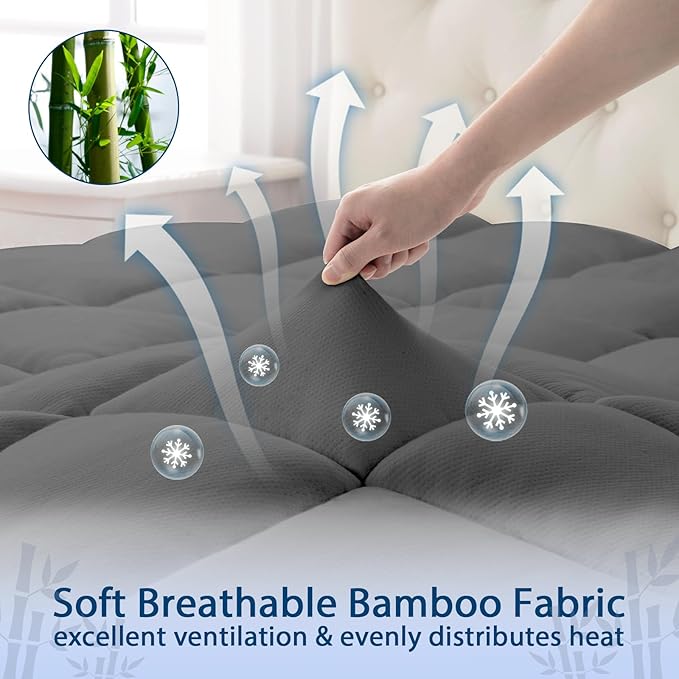 ELEMUSE Twin Grey Cooling Bamboo Viscose Mattress Topper for Back Pain, Extra Thick Mattress Pad Cover, Plush Soft Pillowtop with Elastic Deep Pocket, Overfilled Down Alternative Filling