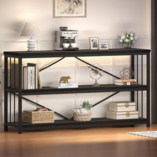 HSH 3 Tier Bookshelf, Wood Metal Low Horizontal Bookcase with Storage, Industrial 3 Tier Long Bookshelves Shelf for Bedroom, Modern Wooden Open Etagere Bookcase for Living Room, Dark Gray, 55 Inch