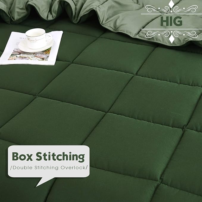HIG 3 Pieces Green California King Comforter Set, Modern Breathable Box Stitched Duvet Insert Bedding Comforter, Soft Fluffy All Season Reversible Comforter Set Blanket with Corner Tabs for Bedroom