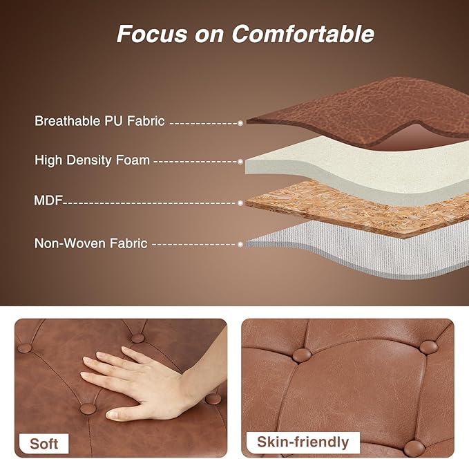 55 Inch Bedroom Storage Bench, Faux Leather End of Bed Bench with Storage, Upholstered Ottoman Foot Rest with Rolled Arms for Bedroom, Living Room, Apartment, Brown