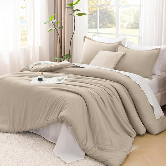 Litanika Comforter Set, Lightweight Solid Bedding Comforter Set, Fluffy Down Alternative Bed Set, Khaki, Super King Plus