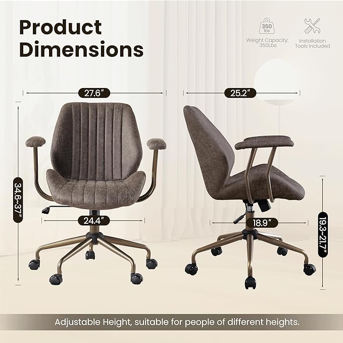 Home Office Desk Chair, Mid-Century Modern Office Chair with Adjustable Lumbar Support, Adjustable Height Executive Task Chair with 360 Rolling Swivel for Meeting Study Room(Mid Back, Grey)