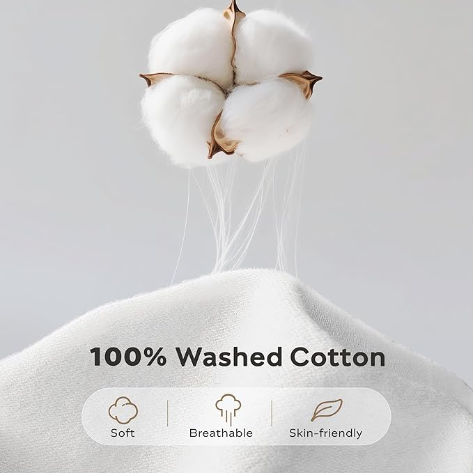 JELLYMONI Washed Cotton Duvet Cover - Off White, Oversized Queen Size 98x98 Inches, 3-Piece Bedding Set with Button Closure, Includes 1 Duvet Cover & 2 Pillowcases (Comforter Not Included)