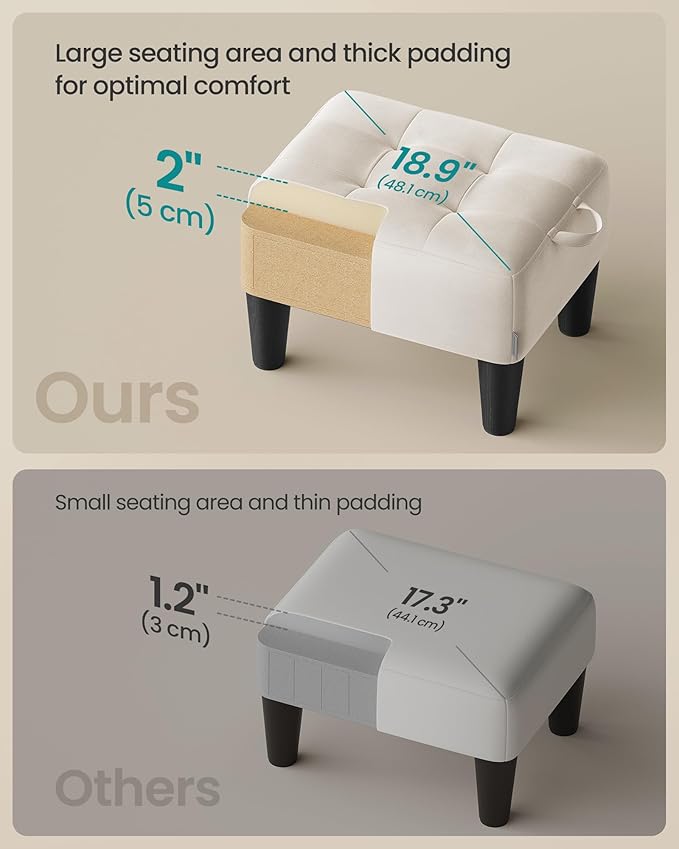 SONGMICS Foot Stool with Legs, Small Footstool Ottoman, Velvet Seat with Thick Cushion, for Living Room, Bedroom, Entryway, 330 lb Weight Capacity, Cream White ULOM501W01