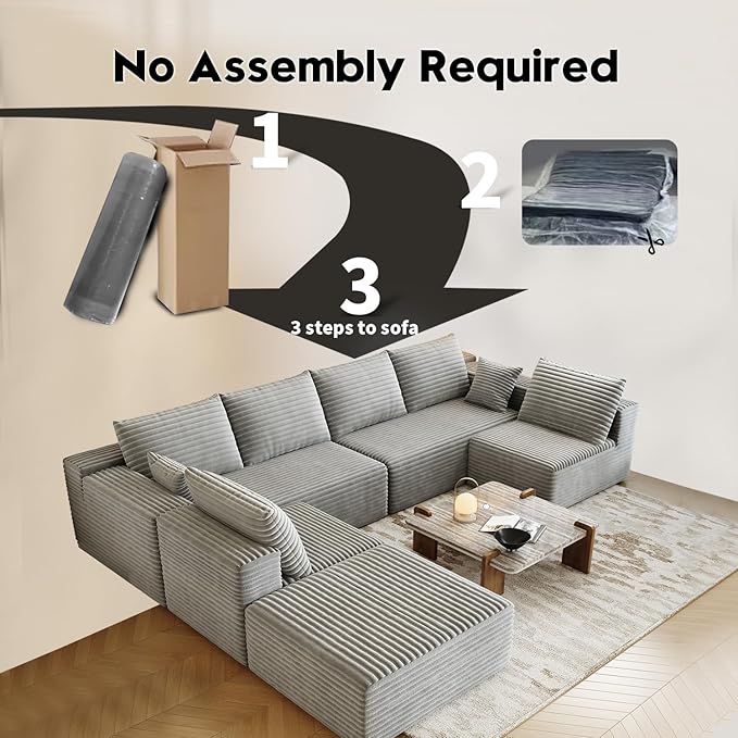 139.4" Modular Sectional Sofa, Oversized U-Shaped Minimalist Couches with 2 Middle Seats and 1 Ottoman Chaise, Modern Deep Seat Convertible Sleeper Sofa, Cloud Plush Corduroy Fabric,7 Seater, Grey