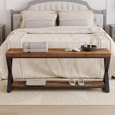 IBF Farmhouse Wood Bench, Industrial Storage Entryway Indoor Bench for Bedroom Hallway Living Room, Rustic Wooden Metal Shoe Rack Accent Foyer Bench Seat for Entrance Sitting, Rustic Brown, 47 in Long