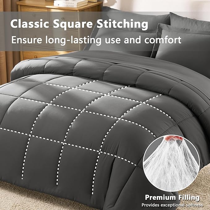 CozyLux Full Size Comforter Sets Dark Grey - 7 Pieces Bed in a Bag Full, Oeko-Tex Certified Bed Set, All Season Soft Bedding Set with Down Alternative Comforter, Sheets, Pillowcases & Pillow Shams
