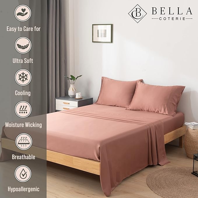 Bella Coterie Luxury Bamboo Viscose Queen Size Sheet Set | 100% Organically Grown | Ultra Soft | Cooling for Hot Sleepers | 18" Deep Pocket [Raisin] BC