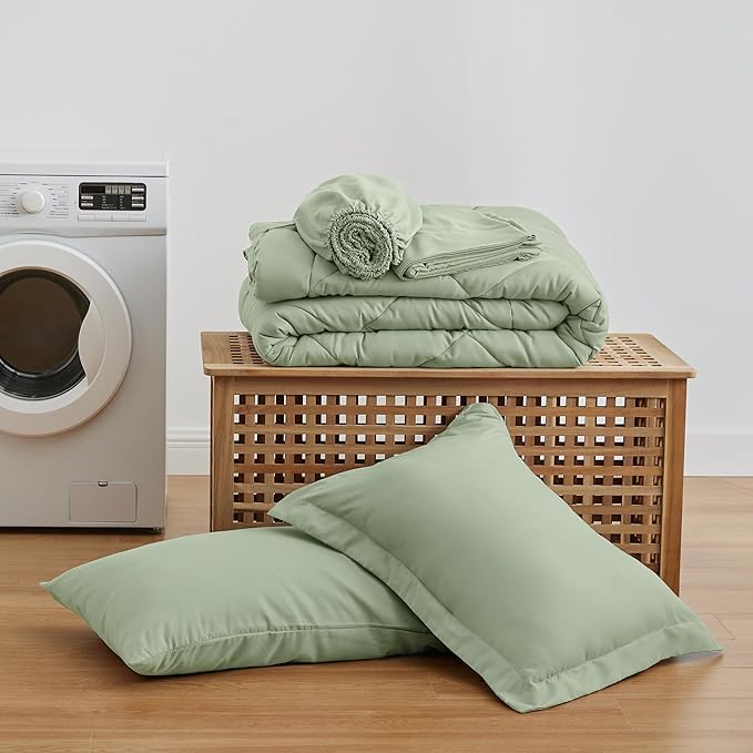 Love's cabin Twin Comforter Set Sage, 5 Pieces Twin Bed in a Bag, All Season Bedding Sets with 1 Comforter, 1 Flat Sheet, 1 Fitted Sheet, 1 Pillowcase and 1 Pillow Sham