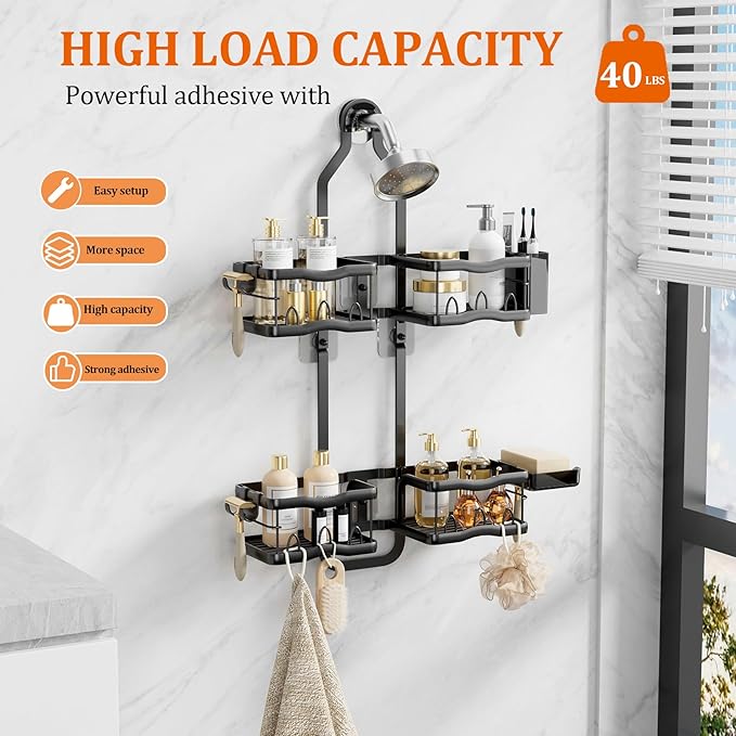 Shower Caddy Hanging Shower Head,Rustproof Hanging Shower Caddy Over Showerhead Bathroom Shower Caddies Shelf Organizer Rack For Sponge,Shampoo,Soap Storage,With Razor-Hooks,Black