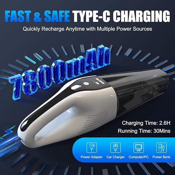 Car Handheld Vacuum Cordless Car Vacuum Cleaner for Drivers, Office, Home & Pet Hair, with True Brushless Motor, Ultra-Strong Suction, Large Battery & Big Dust Cup, Type-C Fast Charging