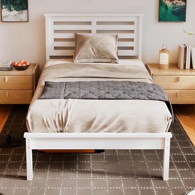 VINGLI Solid Wood Twin Bed Frame with LED Lights & USB Charging Station Single Platform Panel Bed with 40 Inches Tall Headboard for Kids,No Box Spring Needed,White