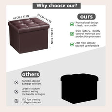 AmasSmile Storage Ottoman Folding Foot Rest Stool, Leather Footstool Bench, Short Ottoman Stool, Storage Foot Rest Store, Books (Brown, 17