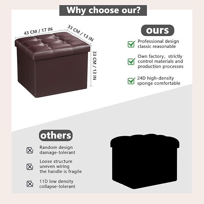 AmasSmile Storage Ottoman Folding Foot Rest Stool, Leather Footstool Bench, Short Ottoman Stool, Storage Foot Rest Store, Books (Brown, 17" D x 13" W x 13" H)