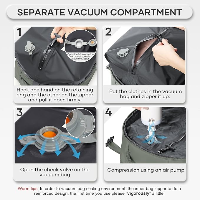 Vacuum Compression Backpack, Travel Vacuum Backpack with Electric Vacpack Pump, Flight Approved Carry On Personal Item Suitcase Luggage for Men Women, Dark Green, Large
