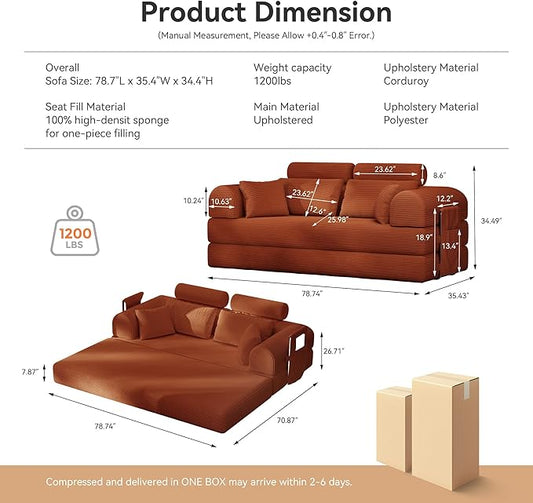 Upgrade High Backrest Design Sofa Bed with Fixed-Shape Frame & Removable Armrests and Backrest, Corduroy Fabric, Convertible Mattress Couch for Small Spaces - No Assembly Needed (High Backrest Orange)