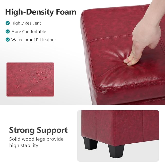 Faux Leather Storage Ottoman Bench with Hinged Lid,42 Inch Large Rectangular Footrest Stool for Bedroom End of Bed, Entryway and Living Room, Padded Seat Shoe Bench, Wine Red