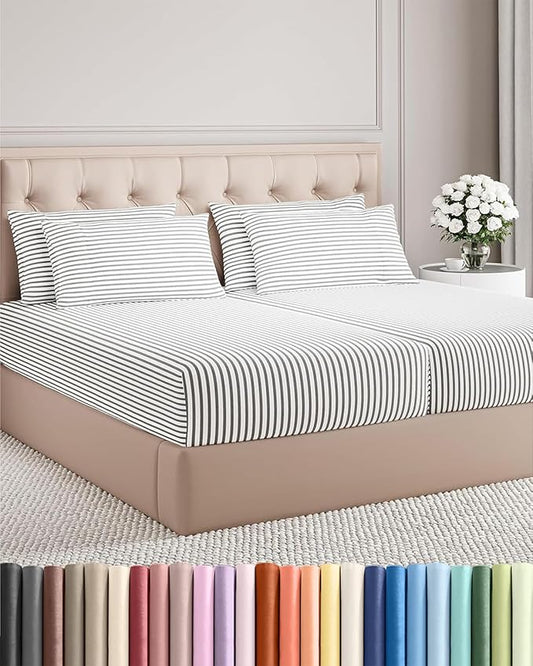 Split King 7 Piece Sheet Set - Comfy Breathable & Cooling - Soft Hotel Luxury Bedding Set w/ 8-16 Inch Deep Pockets - 1 Flat & 2 Fitted Sheet & 4 Pillowcases - Cozy and Wrinkle Free - Grey Stripes 2
