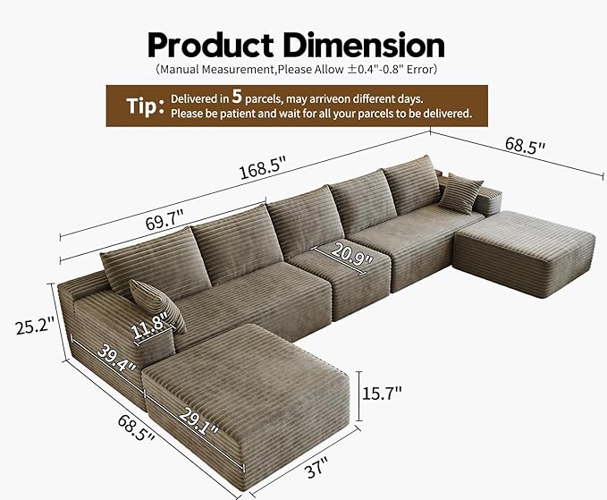 168.5" Modular Sectional Sofa, Oversized U-Shaped Minimalist Couches with 1 Middle Seat and 2 Ottomans Chaise, Modern Deep Seat Convertible Sleeper Sofa, Cloud Plush Corduroy Fabric,7 Seater, Camel
