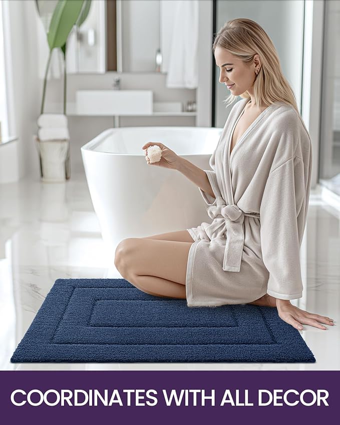DEXI Bathroom Rug 32x20, Non Slip Washable Bath Mat for Shower Floor, Absorbent Soft Bathmat with Rubber Backing, Quick Dry Microfiber Carpet, Navy