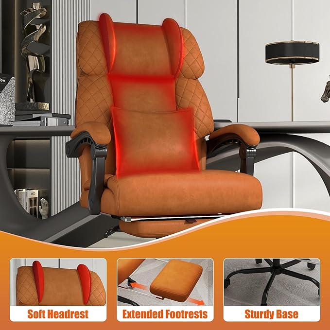 Ergonomic Office Chair with Footrest, 400lbs High Back Executive Home Office Computer Chair with Unique Ear-Shape Headrest for Neck Support,Brown Leather Office Chairs for Home Office Work