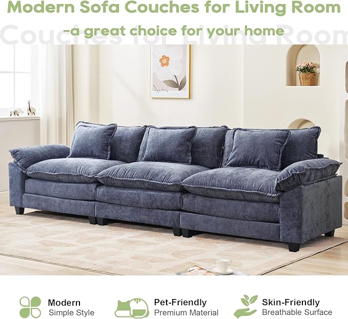 120" Modular Sectional Sofa, Comfy Cloud Couch Sectional, Chenille Sofa Sleeper Deep Seat Sofa with Throw Pillows for Living Room (Blue, 120"- 3 Seater)