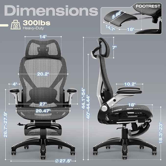 ELABEST X100 Ergonomic Mesh Office Chair with Footrest, Big and Tall Hone Desk Chair with 5D Flip-Up Arms, Adjustable 3D Lumbar Support,Gaming & Executive Computer Chairs for Long Hours(Midnight Mist)