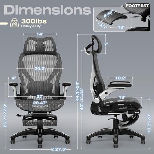 ELABEST X100 Ergonomic Mesh Office Chair with Footrest, Big and Tall Hone Desk Chair with 5D Flip-Up Arms, Adjustable 3D Lumbar Support,Gaming & Executive Computer Chairs for Long Hours(Midnight Mist)