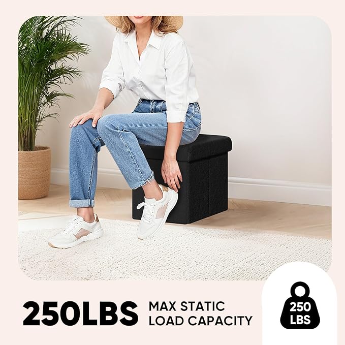 PINPLUS Storage Ottoman Cube Square Shaped Ottomans with Storage Foot Stool Footrest for Lving Room Boucle Ottoman Seat for Dorm Room,Faux Teddy Fur Black, 11.8"x11.8"x11.8"