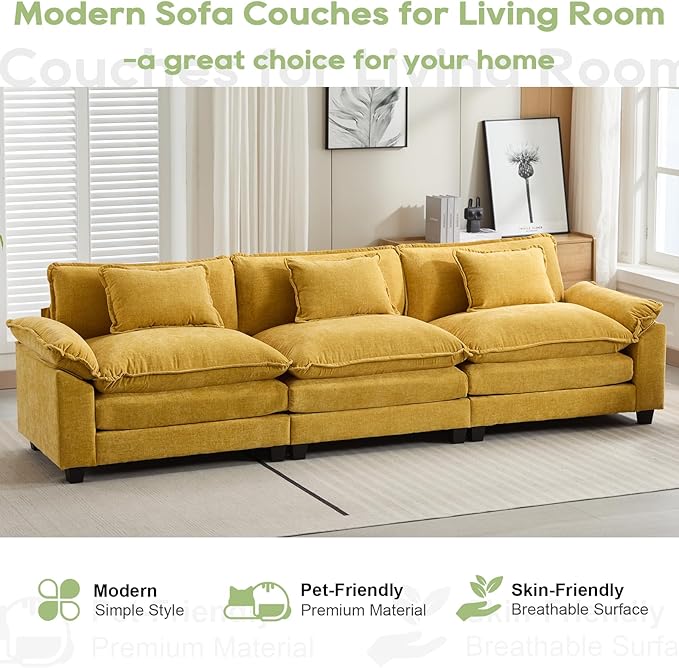120" Modular Sectional Sofa, Comfy Cloud Couch Sectional Sofa, Chenille Sofa Sleeper Deep Seat Sofa with Throw Pillows for Living Room (Yellow, 120"- 3 Seater)