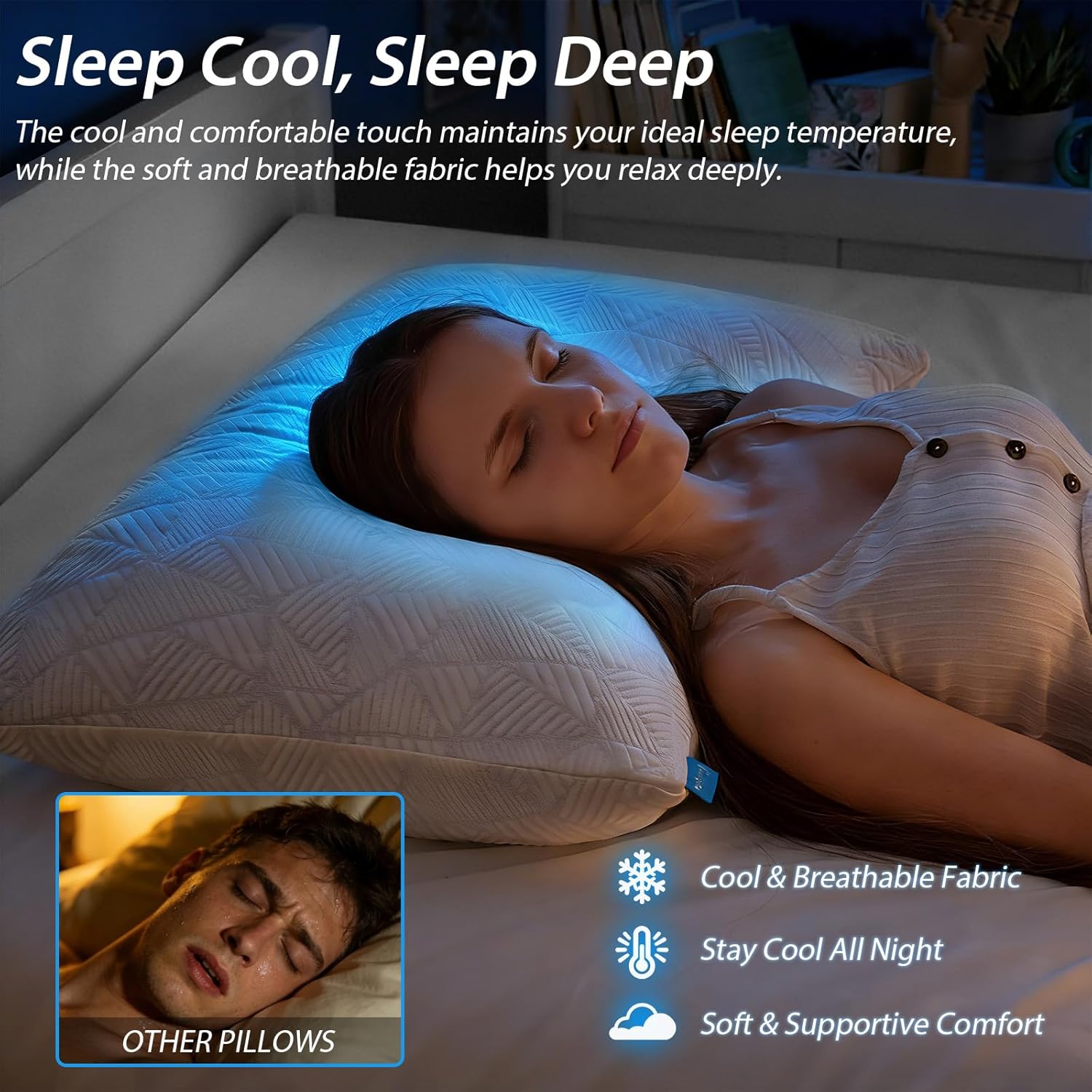 BETU Standard Pillow, Cooling Shredded Memory Foam Pillow for Hot Sleepers College Dorm Room Essentials, Adjustable Firm Gel Cool Pillow for Back Pain and Side Sleeping, Birthday Gifts for Boyfriend Dormly