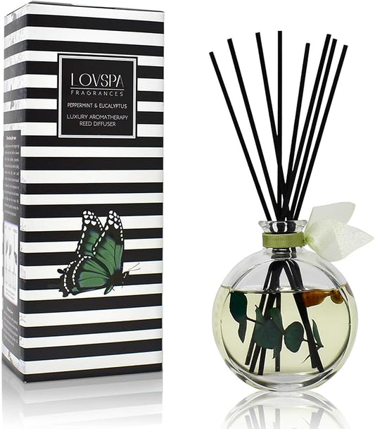 LOVSPA Reed Diffuser Set, Unwind Eucalyptus & Mint Scented Oil Diffuser with Sticks, Home Fragrance Accessories for Bathroom Shelf Decor, Aroma Diffusers for Home or Office Desk, USA Made
