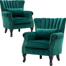 Velvet Accent Chairs Set of 2 with Arm Comfy Living Room Chair Mid-Century Modern Wingback Side Chair Single Sofa Couch for Bedroom Guest Room, Green