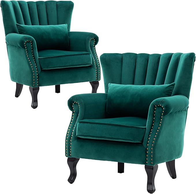 Velvet Accent Chairs Set of 2 with Arm Comfy Living Room Chair Mid-Century Modern Wingback Side Chair Single Sofa Couch for Bedroom Guest Room, Green