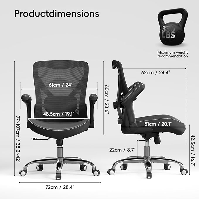 Office Home Ergonomic Desk Chair-Computer X-Shaped Chair Mesh PU Leather with Adjustable Lumbar Support-Executive Chair High Back Flip-Up Arms for Long Hours (Black-No Headrest)