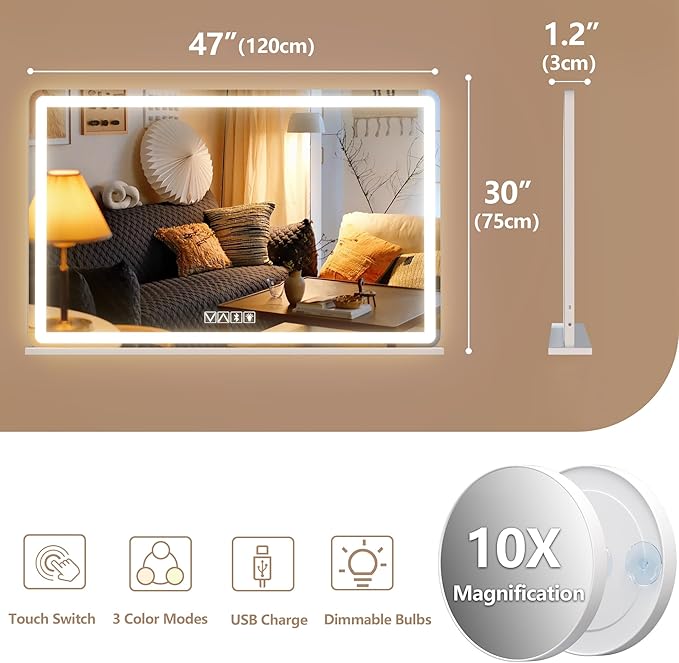 Hasipu Vanity Mirror with Lights and Bluetooth Speaker, 47.2" x 29.5" LED Makeup Mirror, Lighted Makeup Mirror with Dimmable 3 Modes, Touch Screen Control Vanity Mirror Round White