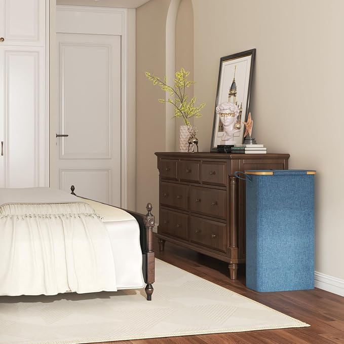 Lifewit 65L Slim Laundry Hamper with Lid, Narrow Laundry Basket with Removable Bag & Bamboo Handles, Fodable Thin Dirty Clothes Hamper for Laundry Collapsible Bin for Bathroom Bedroom Dorm, Dark Blue