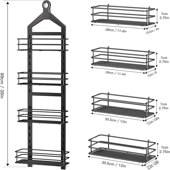 Orimade Adjustable Anti-slip Hanging Shower Caddy over Shower Head,Rustproof Bathroom Hanging shower Organizer with 4 Hooks for Razor,No Drilling Shower shelves Storage Rack,Black 4 Tier