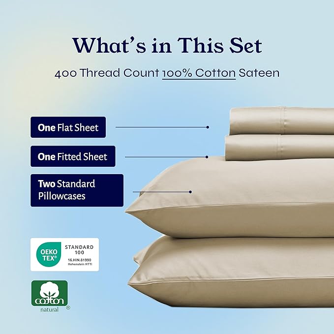 California Design Den Full Size Bed Sheets Set - Soft 400 Thread Count Sateen, Natural 100% Cotton Sheets Set with Deep Pockets, Breathable, and Durable Bedding - Beige (Golden Tone)