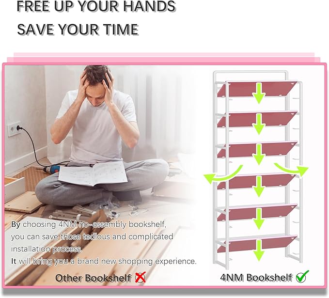 4NM No Assembly 6 Tiers Folding Bookshelf Storage Shelves Vintage Bookcase Standing Racks Study Organizer Home Office (Pink White)